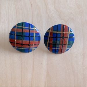 VINTAGE TARTAN PLAID EARRINGS BLUE RED YELLOW AND BLACK PATTERN